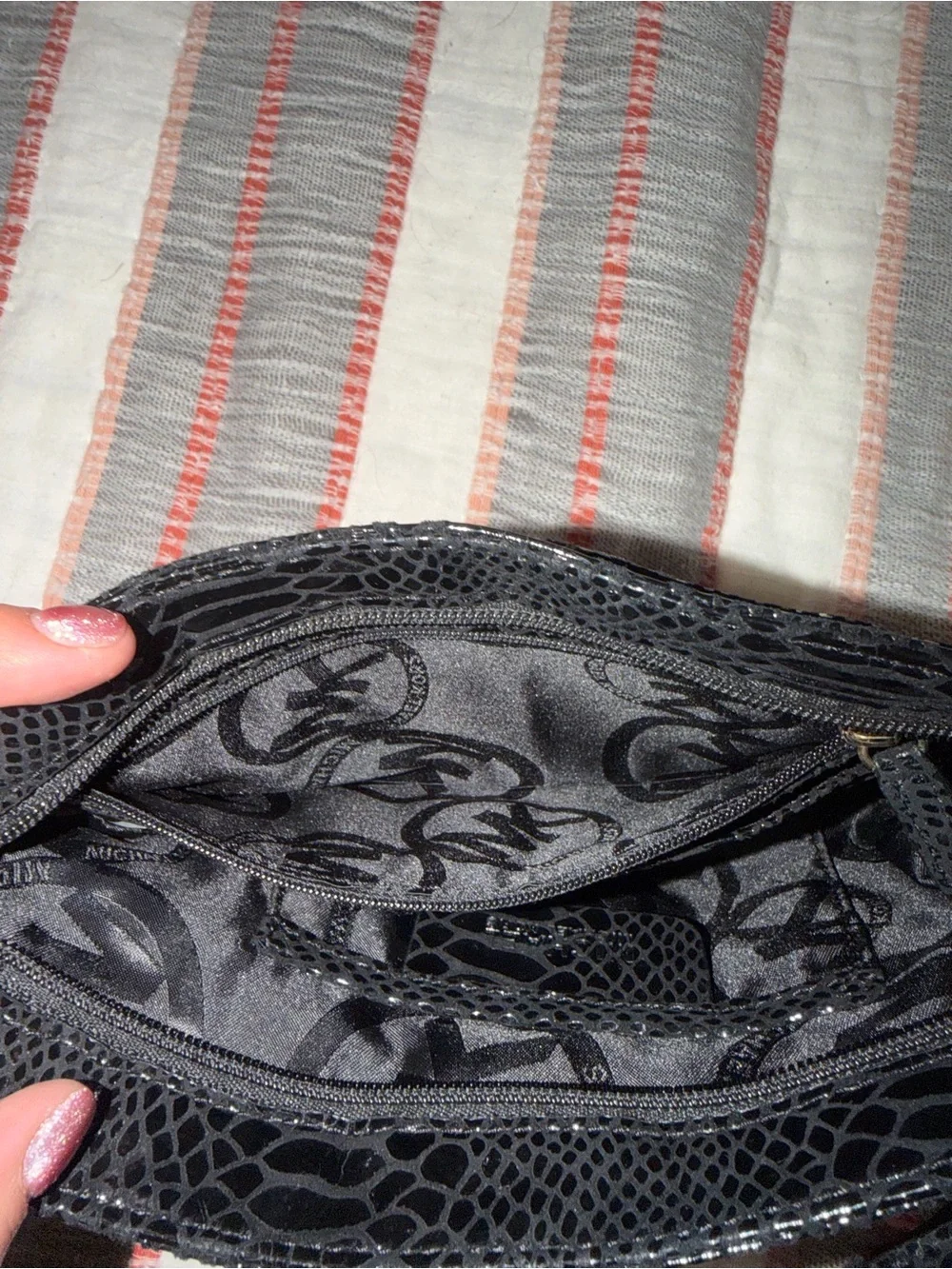 Michael Kors Black Patent Leather Crossbody Bag with Snake-Embossed Texture